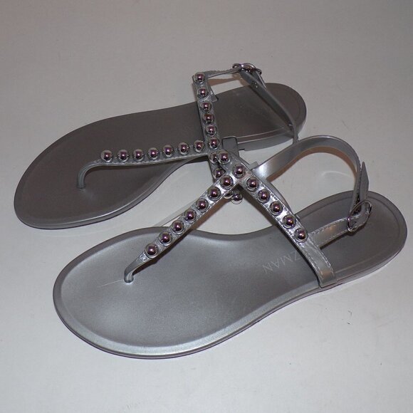 Stuart Weitzman Goldie Silver Stud Jelly T-strap Sandals Women’s Size 8 … - Picture 2 of 4